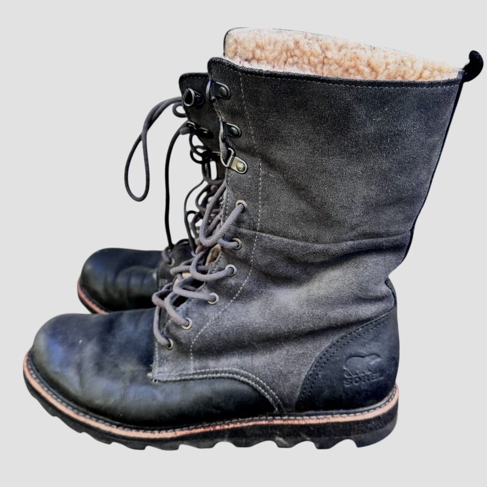 Sorel Black Suede Leather Sherpa Lined Lace Up Winter Boots Women 8 rugged